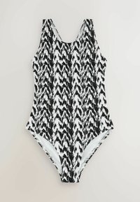 Maillot de bain une pièce avec un motif en zigzag noir et blanc. Il présente un col en U, de larges bretelles et un tissu lisse à surface texturée.