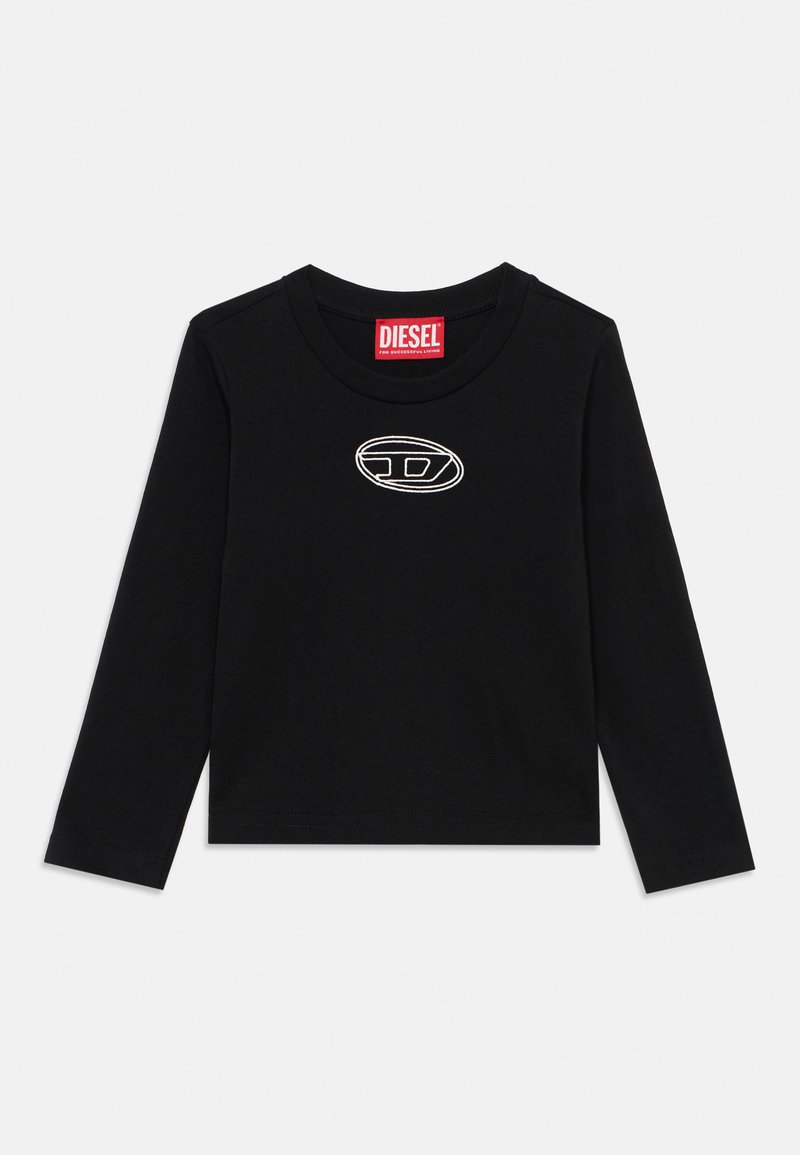 Camisa preta de manga longa feita de algodão, com um decote arredondado e um logótipo branco bordado no peito.