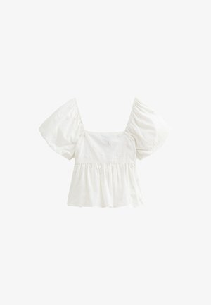 Blouse blanche, décolleté carré, manches courtes bouffantes, taille froncée, ornée de délicates broderies florales, fabriquée dans un tissu léger.