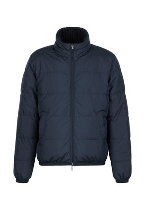 Veste matelassée bleu marine avec col montant, fermeture éclair intégrale à l'avant, poignets élastiques et poches latérales, conçue pour les temps froids.