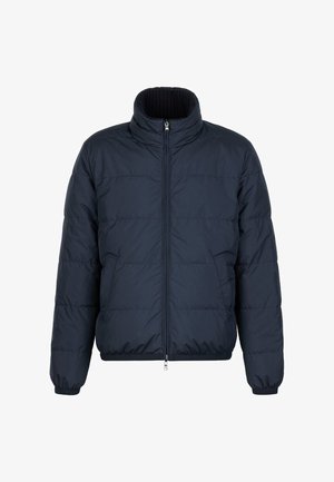 Veste matelassée bleu marine avec col montant, fermeture éclair intégrale à l'avant, poignets élastiques et poches latérales, conçue pour les temps froids.