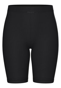 Melni riteņbraukšanas šorti no elastīga auduma. Ar gludu jostasvietu un vidēja garuma līdz augšstilba vidum, paredzēti ērtībai un elastībai.