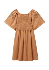 Robe en coton de couleur beige chaud avec des manches courtes bouffantes. Dispose d'un corps smocké et de détails brodés de feuilles sur les manches. Tissu doux et texturé.