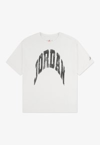 Maglietta in cotone bianco con maniche corte, caratterizzata da un grande grafiche nera "JORDAN" in forma arcuata sul petto.
