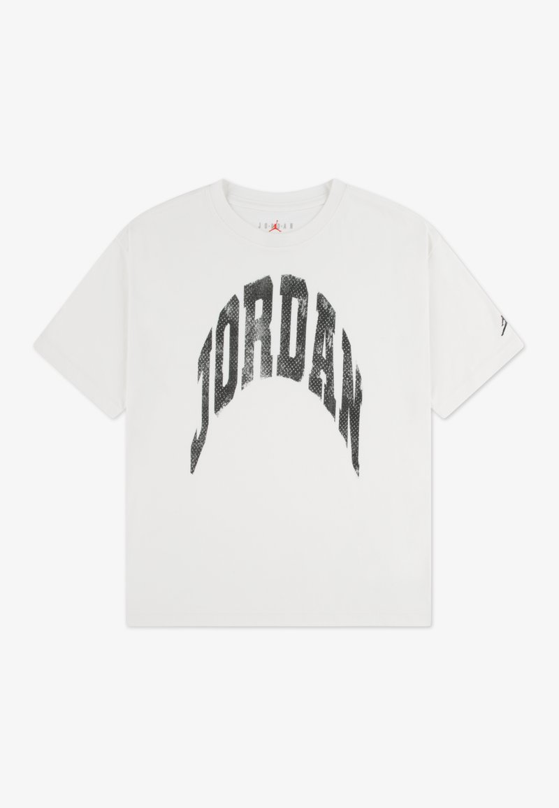 Maglietta in cotone bianco con maniche corte, caratterizzata da un grande grafiche nera "JORDAN" in forma arcuata sul petto.