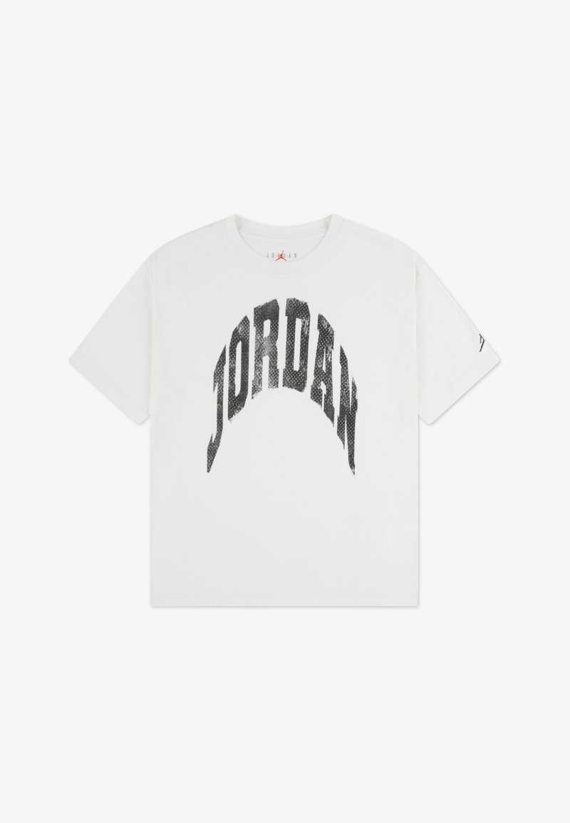 Maglietta in cotone bianco con maniche corte, caratterizzata da un grande grafiche nera "JORDAN" in forma arcuata sul petto.