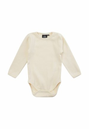 Babyheldragt med lange ærmer i cremefarve med trykknapper i skridtet og rund halsudskæring.