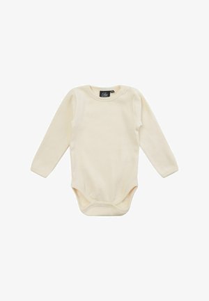 Detské telo s dlhým rukávom krémovej farby so zapínaním na cvoky v rozkroku a okrúhlym výstrihom.