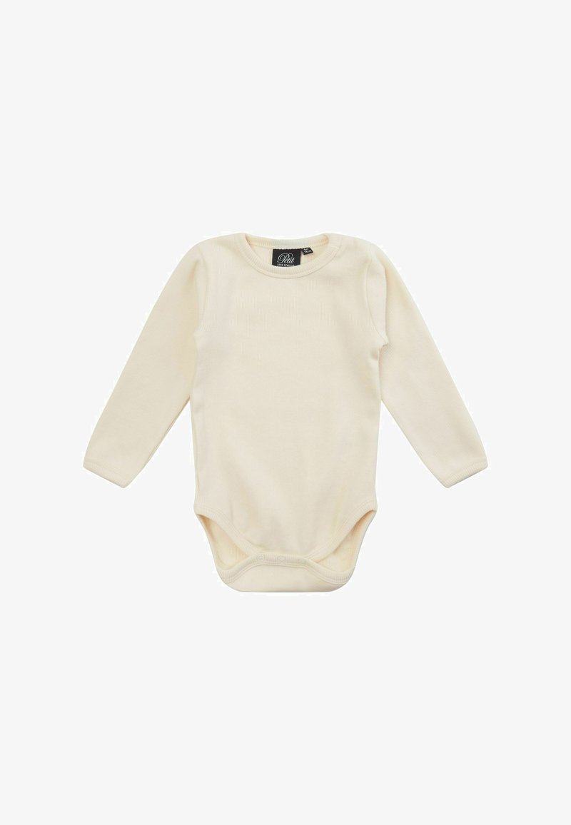 Body bébé manches longues couleur crème avec fermetures pressions à l'entrejambe et col rond.