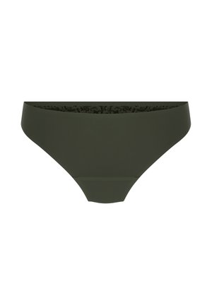 Olijfgroen bikini broekje met een gladde matte afwerking, voorzien van een kantafwerking langs de bovenrand en een klassiek hipster ontwerp.