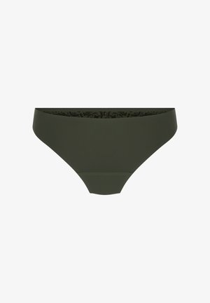 Olivgrüner Bikini-Slip mit glatter, matter Oberfläche, der einen Spitzenrand entlang der oberen Kante und ein klassisches Hipster-Design aufweist.