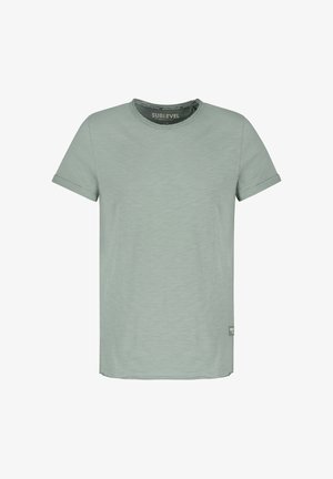 Light green short-sleeve men's T-shirt with a crew neck and small fabric label on the lower side seam.