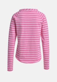 Langarmhemd, pink mit abwechselnden weißen Streifen, weicher Stoff, abgerundeter Saum hinten, Raglanärmel, Rundhalsausschnitt.