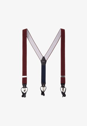 Bordeaux- und Marineblaue Hosenträger mit verstellbaren Clips, ausgestattet mit einer glatten Textur und Lede-Details. V-förmiges Design mit kontrastierenden Riemen.