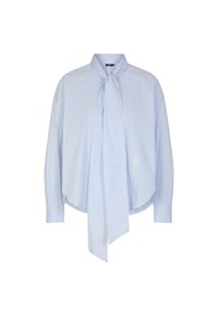 Light blue and white striped blouse with a tie collar, long sleeves, and a rounded hem. Made of lightweight fabric, featuring a relaxed fit.