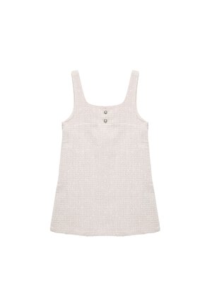 Débardeur rose clair avec décolleté carré, deux boutons décoratifs à l'avant et un tissu tissé texturé. Design simple et sans manches.