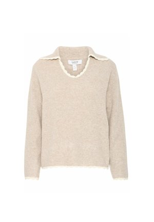 Beige knit sweater with a V-neck, scalloped collar, and hem. Long sleeves; soft texture. Label attached at the back inside.