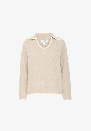 Beige knit sweater with a V-neck, scalloped collar, and hem. Long sleeves; soft texture. Label attached at the back inside.