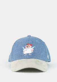 Denim cap with a light blue crown, gray suede brim, and a colorful cartoon pig with wings and a red hat embroidered on the front.
