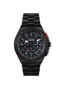 Montre chronographe noire avec un cadran en fibre de carbone, des accents argentés et rouges, un boîtier octagonal et un bracelet en métal noir.