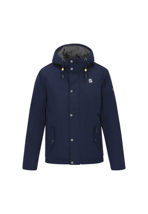 Marine waterdichte jas met een capuchon, grijze voering, knoopsluiting en twee zijzakken. Voorzien van contrasterende koordjes en een logodetail.