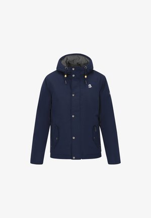 Marineblauer wasserdichter Mantel mit Kapuze, grauem Futter, Knopfverschluss und zwei seitlichen Taschen. Mit kontrastierenden Kordeln und einem Logodetail.