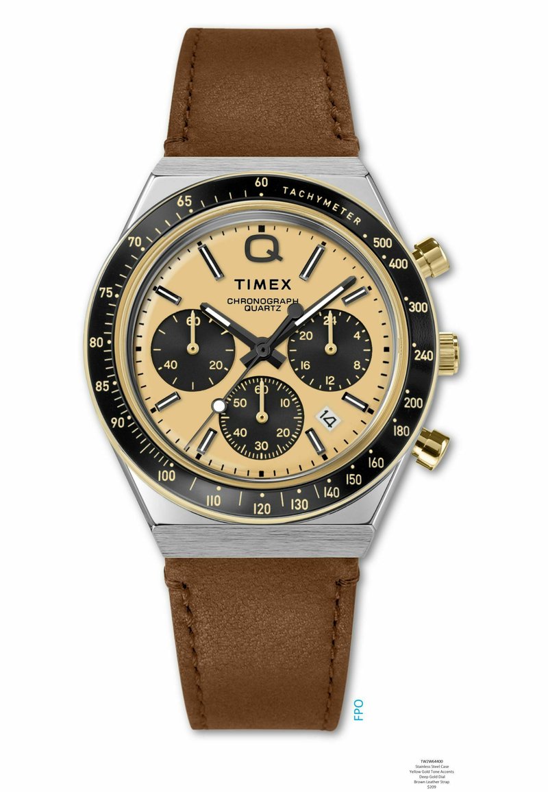 Montre chronographe Timex avec cadran beige, sous-cadrans noirs, boîtier en acier inoxydable, accents dorés et bracelet en cuir brun.