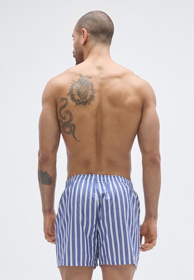 Modré a bielo pruhované plavkové šortky s elastickým pásom, vyrobené z ľahkej látky, s pohodlným strihom bez viditeľných vreciek.