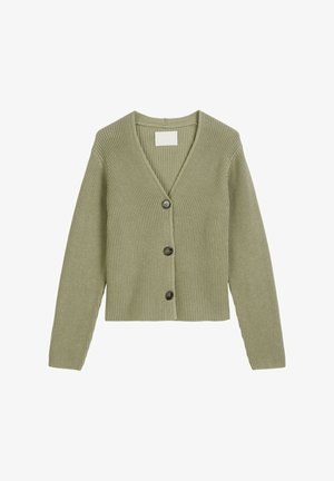 Olive green cardigan, ribbed texture, V-neckline, four dark buttons down the front, long sleeves, cropped design, and no visible brand label.