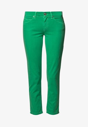 Zielone dżinsy slim-fit, wykonane z denimu, z klasycznym pięciokieszeniowym wzorem, widocznym przeszyciem oraz zapięciem na guziki z przodu.