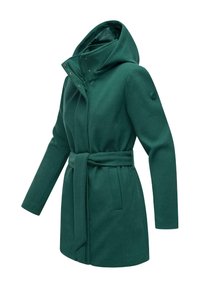 Grüner Wollmischmantel mit figurbetonter Silhouette, abnehmbarem Kapuzen, Druckknöpfen und gebundenem Taillengürtel. Verfügt über lange Ärmel und seitliche Taschen.