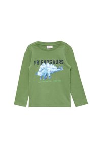 Grünes Langarmshirt mit einem Dinosaurier-Design und dem Text "FRIENDSAURS". Hat einen Rundhalsausschnitt und besteht aus weichem Baumwollmaterial.