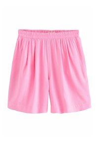 Șorturi roz din bumbac cu un tiv elastic, pliuri în față și o croială lejera. Textură fină, lungime până la genunchi cu tiv pliat.