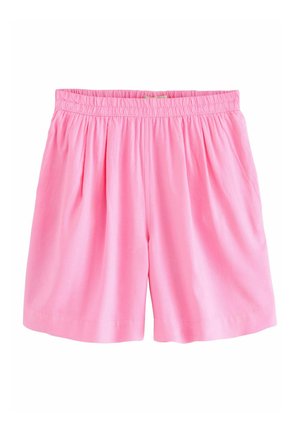 Shorts en coton rose avec une ceinture élastique, des plis à l'avant et une coupe décontractée. Texture lisse, longueur genoux avec ourlet replié.