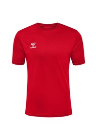 Röd kortärmad tränings t-shirt i slätt tyg, med en vit logotyp på vänster bröst. Enkel design med rund hals.