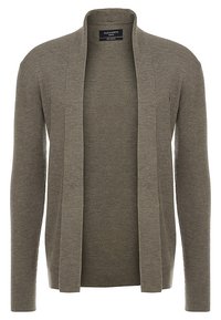 Cardigan a maglia aperto davanti in verde oliva. Presenta una texture a coste, maniche lunghe e una vestibilità comoda. Senza chiusure o motivi decorativi.