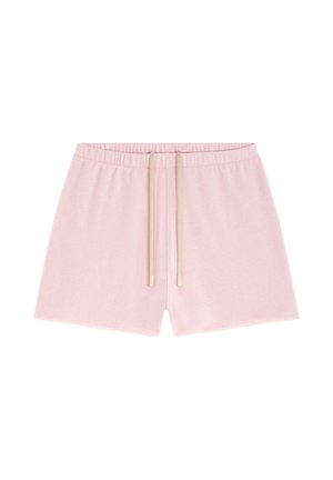 Shorts décontractés rose clair avec une ceinture élastique et des cordons assortis au centre devant.