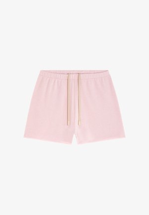 Shorts décontractés rose clair avec une ceinture élastique et des cordons assortis au centre devant.