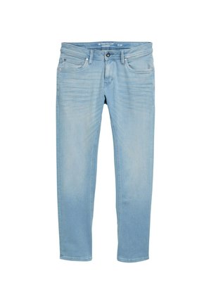 Jeans in denim blu chiaro con una vestibilità dritta, cinque tasche, un leggero effetto scolorito e cuciture a contrasto alle cuciture e ai bordi.