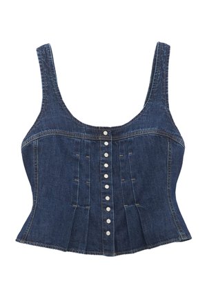 Donkerblauw denim cropped tanktop met knoopsluiting aan de voorkant en brede schouderbanden, met verticale naaddetails.