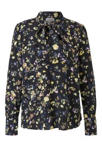 Long-sleeve blouse in lightweight fabric, featuring a black base with colorful floral pattern. Includes a bow tie neck detail and gathered cuffs.