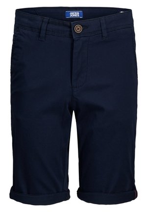 Chinos azul marino con dobladillo enrollado, hechos de algodón. Presentan un cierre de botón y bolsillos delanteros y traseros. Textura suave. Etiqueta de la marca visible.