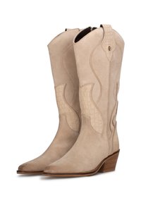 Beige suède cowboylaarzen met puntige neuzen, gestructureerde krokodillenpatroon accenten en een korte gestapelde hak. Gedetailleerde stiksel rond de schacht.