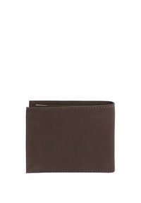 Cartera de cuero marrón con un diseño bi-fold simple, textura suave y costuras en contraste a lo largo de los bordes.