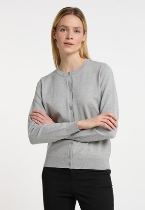 Grijze cardigan van zacht breigoed, met een ronde halslijn, knopen aan de voorkant en ribboorden aan de mouwen en onderkant.