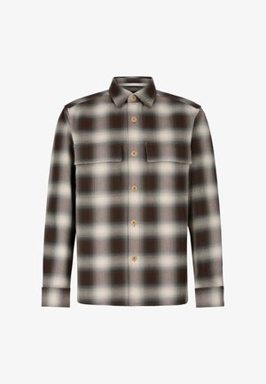 Braun- und weiß kariertes Hemd mit Button-Down-Kragen, zwei Brusttaschen und Holzknöpfen. Die Textur wirkt gewebt und weich.