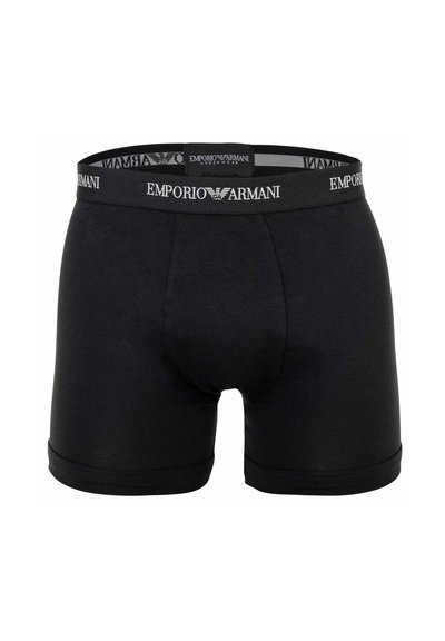 Boxers noirs pour hommes avec ceinture élastique noire de marque Emporio Armani en texte et logo blancs, vue de face sur fond blanc.