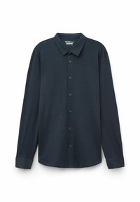 Mörkblå långärmad skjorta i merinoull, med krage, knäppning framtill och manschetter med en mjuk, texturerad finish.