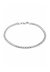 Silverfärgad metallarmband med sammankopplade länkar, slät yta, försett med en säker låsning och en enkel, elegant design.