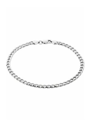 Sølvmetalarmbånd med sammenkoblede led, glat overflade, der har en sikker lås og et enkelt, elegant design.